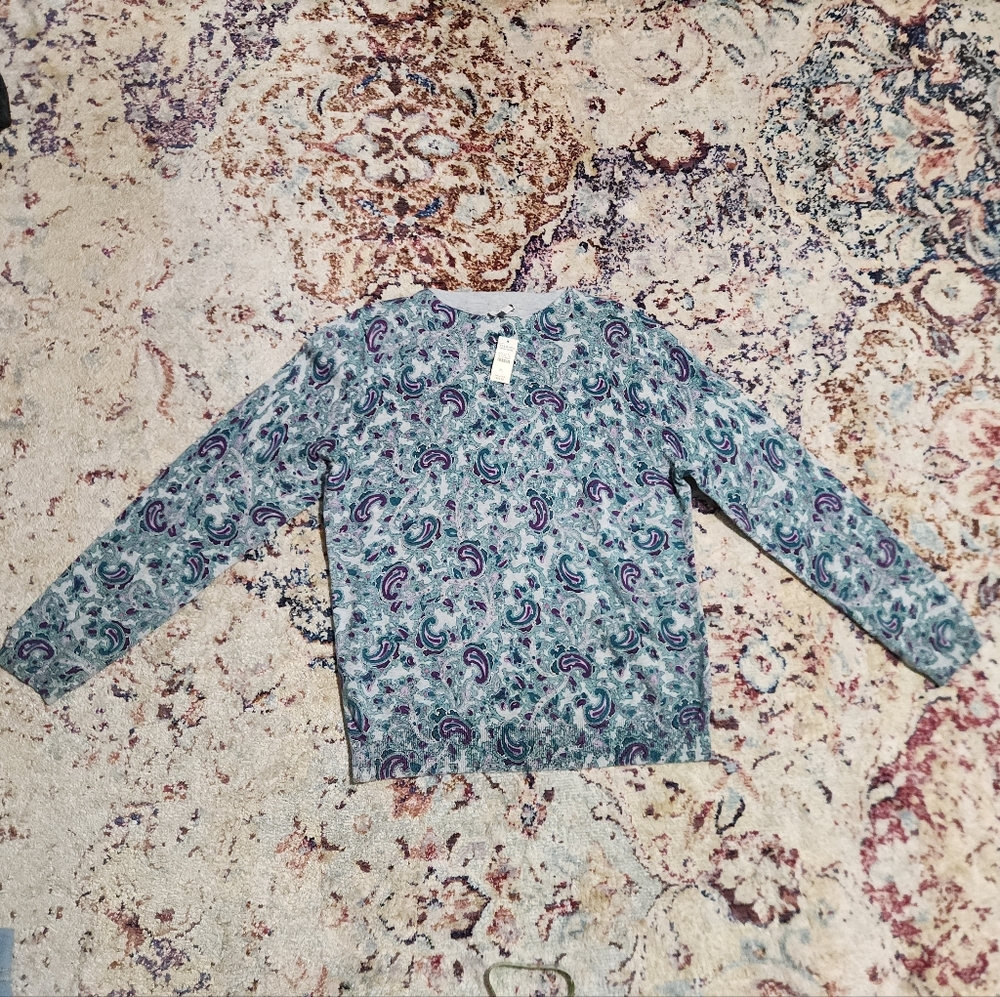 Talbots 100% Cotton Paisley Cool Toned Crew Neck Sweater Size LP